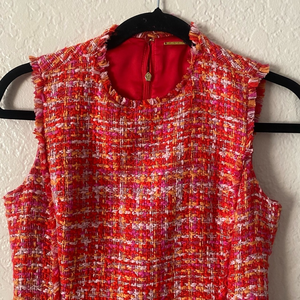 Elie Tahari 100% Cotton Andrea Seath Tweed Mini Dress Size 2 Vibrant Red Pockets - Picture 4 of 11